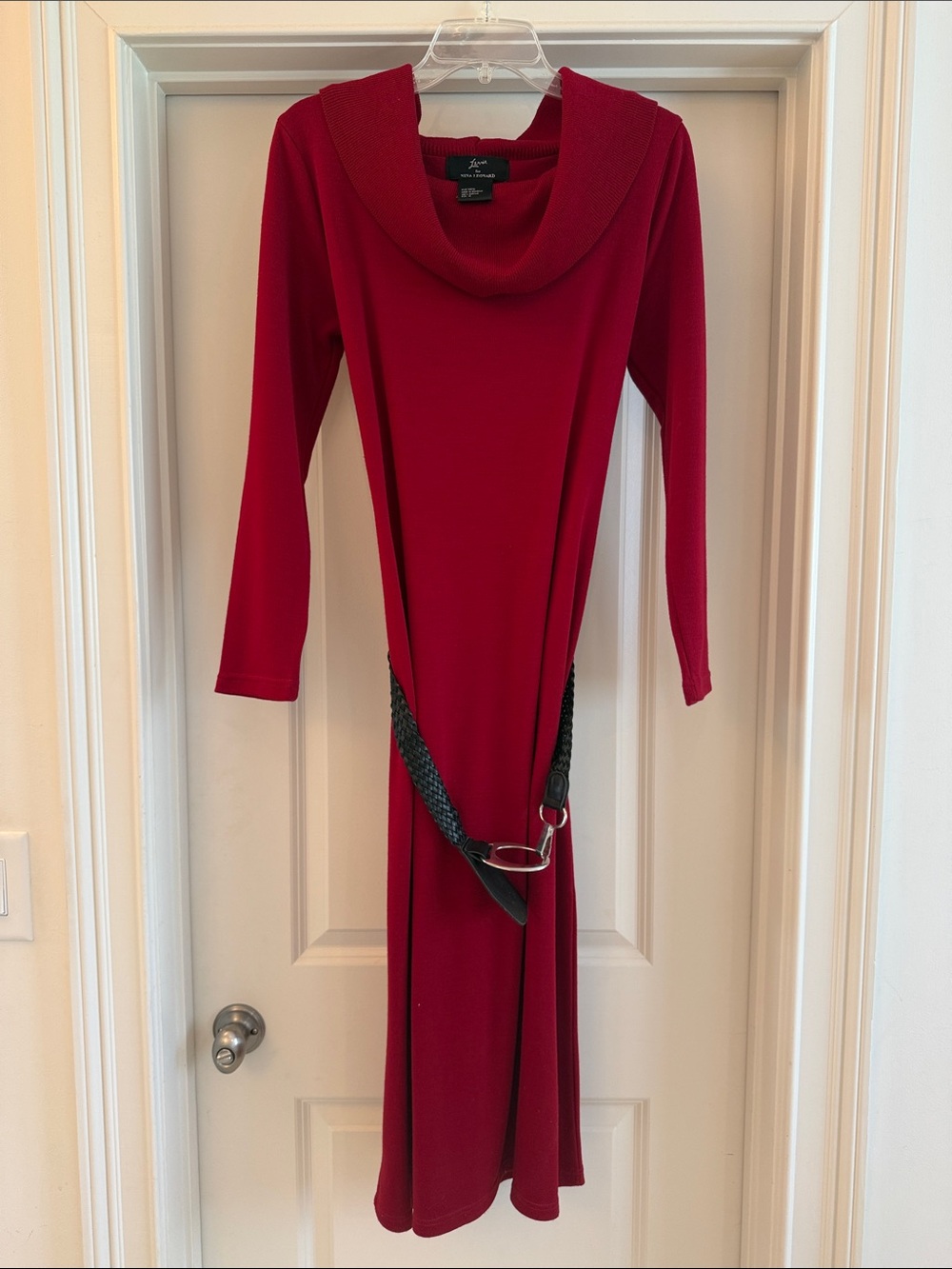 Lennie for Nina Leonard Vibrant Red Cowl Neck Knee Length Knit Dress w/Belt-Sz M